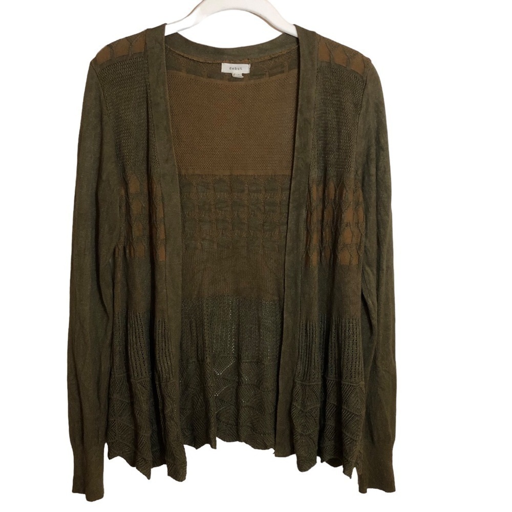 Debut Women’s Open Front Cardigan Olive Gold Pointelle Lightweight Size Medium